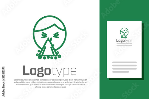 Green line Man holding handkerchief or napkin to his runny nose icon isolated on white background. Coryza desease symptoms. Logo design template element. Vector Illustration