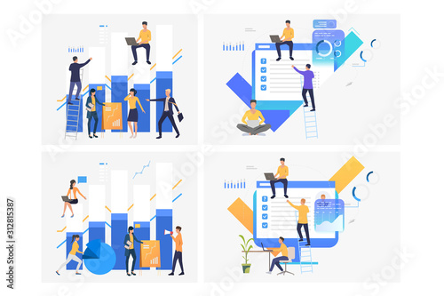 Analyzing reports set. Business group working on bar chart, survey results, presentation. Flat vector illustrations. Business, marketing concept for banner, website design or landing web page