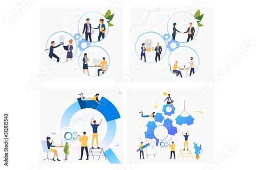 Business team set. Businesspeople collaborating on project together, building graphs. Flat vector illustrations. Business, teamwork concept for banner, website design or landing web page