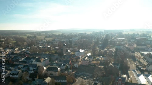 Rehau Fichtelgebirge. Aerial Shot of the city on a sunny winter day photo