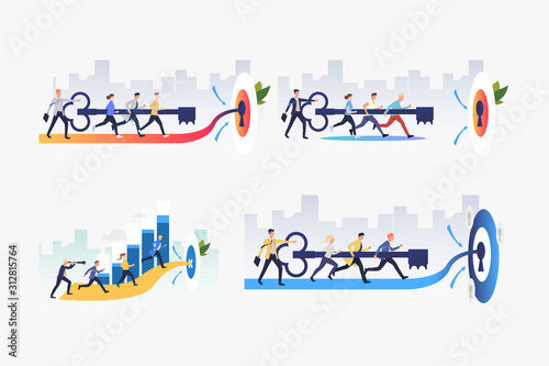 Goal achieving set. Business team running to target, carrying key to lock together. Flat vector illustrations. Business, teamwork concept for banner, website design or landing web page