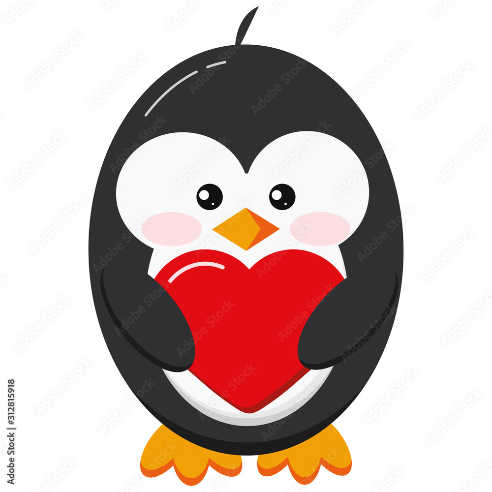 Cute penguin stand with red heart isolated on white background.
