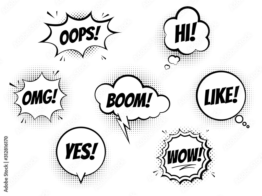 Set of speech bubbles for comics on a white background, cool sound of explosion and shock, imitation of halftone imprint texture. Vector illustration.