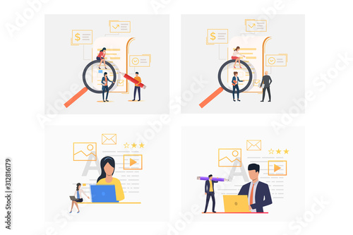 Working with documents set. Legal experts checking contracts, using computers. Flat vector illustrations. Business, paperwork, expertise concept for banner, website design or landing web page