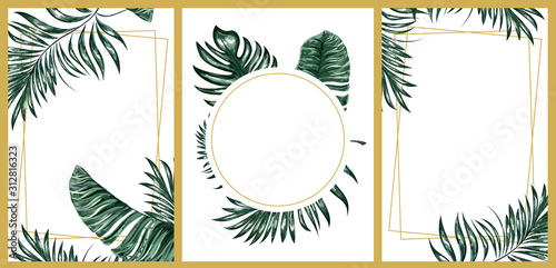 Tropical, fashionable, congratulation or invitation card, flyers, template design with green palm leaves. Set of posters, flyer brochures, covers, set of advertising.