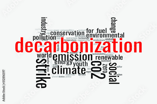Illustration in the form of a cloud of words related to the problem of decarbonization of the world economy photo