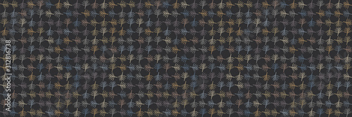 Dark leaf mosaic effect vector border texture. Masculine geometric seamless melange banner pattern. Hand drawn variegated irregular fern background. Textured classic blue brown hipster ribbon trim