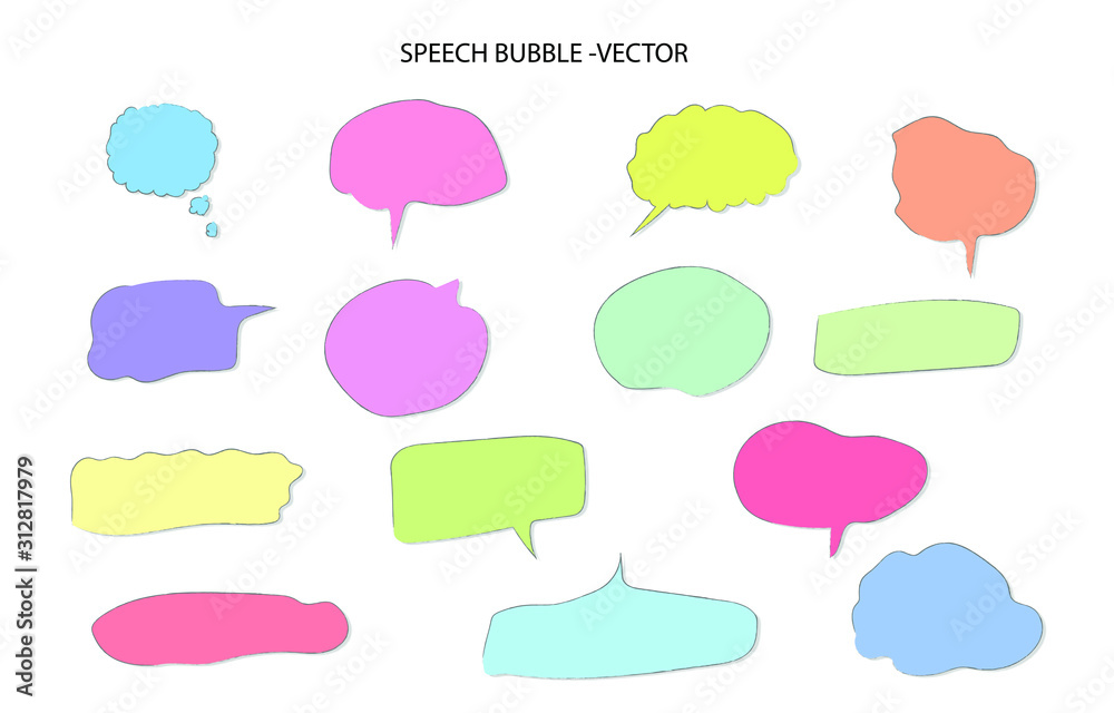 Vector of speech bubble set. Creative hand drawn doodle. Chat icon collection. Inbox, dialog, talk, communication, thinking, sale, hello, wow, boom symbol can use for banner, print in girly style Vector of speech bubble set. Creative hand drawn doodle. Chat icon collection. Inbox, dialog, talk, communication, thinking, sale, hello, wow, boom symbol can use for banner, print in girly style