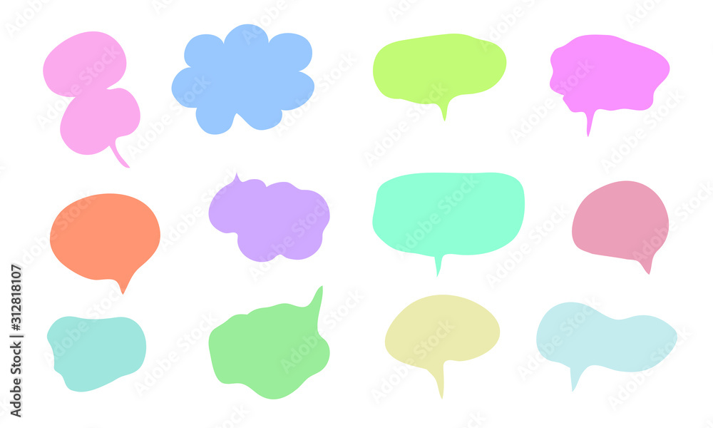 Vector of speech bubble set. Creative hand drawn doodle. Chat icon collection. Inbox, dialog, talk, communication, thinking, sale, hello, wow, boom symbol can use for banner, print in girly style Vector of speech bubble set. Creative hand drawn doodle. Chat icon collection. Inbox, dialog, talk, communication, thinking, sale, hello, wow, boom symbol can use for banner, print in girly style