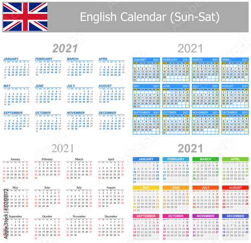2021 English Mix Calendar Sun-Sat on white background
