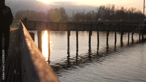Sunrise reflection on the footbridge of Rapperswil Jona Switzerland