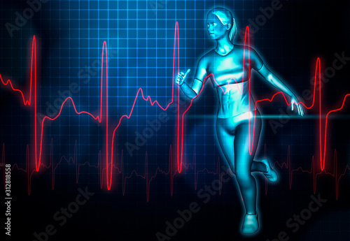 Fototapeta Naklejka Na Ścianę i Meble -  Female running and heartbeat electrocardiogram or ekg curve 3d rendering illustration. Sport, healthcare, medical, health, science, wellness, effort concepts.