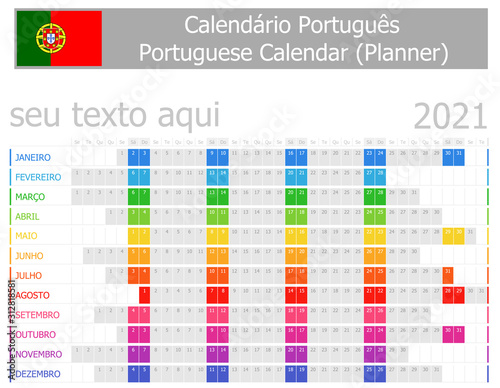 2021 Portuguese Planner Calendar with Horizontal Months on white background