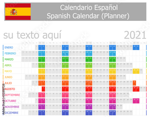 2021 Spanish Planner Calendar with Horizontal Months on white background