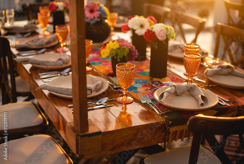 Los Cabos, Mexico - Oct 2019 Tableware are the dishware used for setting a table, serving food and dining. Including cutlery, glassware, serving dishes and items for practical or decorative purposes