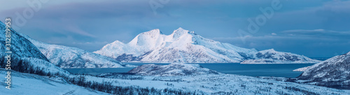 Beautiful Picture Of Mountain Covered With Snow and Norway Fjord  Winter Landscape   Tromso  Norway