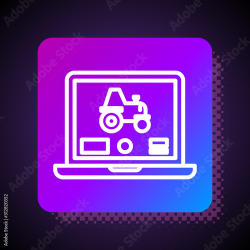 White line Laptop application for control a autonomous tractor on a smart farm icon isolated on black background. Smart agriculture implement. Square color button. Vector Illustration