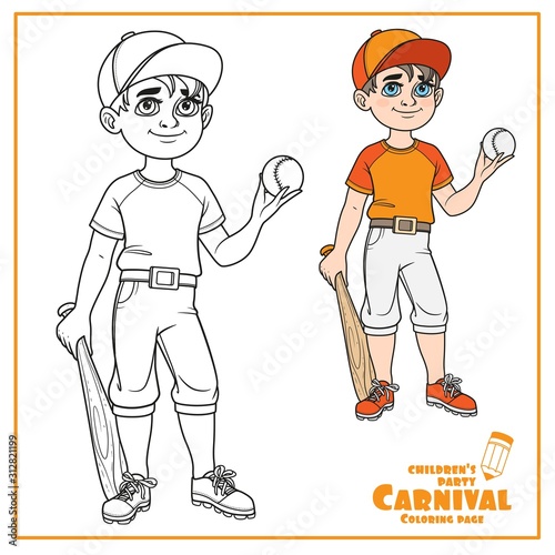Cute boy in baseball suit with ball and bat cplpr and outlined for coloring page