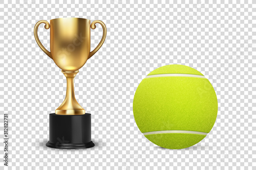 Realistic Vector 3d Blank Golden Champion Cup Icon with Tennis Ball Set Closeup Isolated. Design Template of Championship Trophy. Sport Tournament Award, Gold Winner Cup and Victory Concept