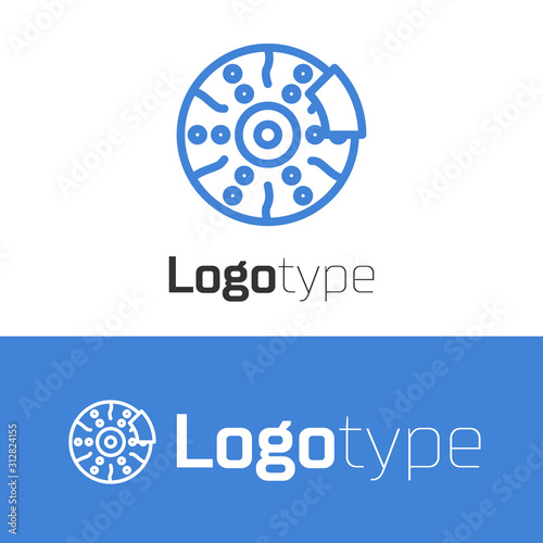 Blue line Car brake disk with caliper icon isolated on white background. Logo design template element. Vector Illustration