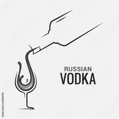 Vodka bottle with glass. Vodka shot splash logo