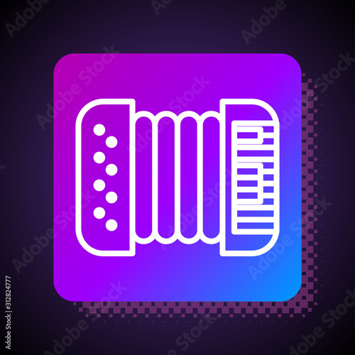 White line Musical instrument accordion icon isolated on black background. Classical bayan, harmonic. Square color button. Vector Illustration
