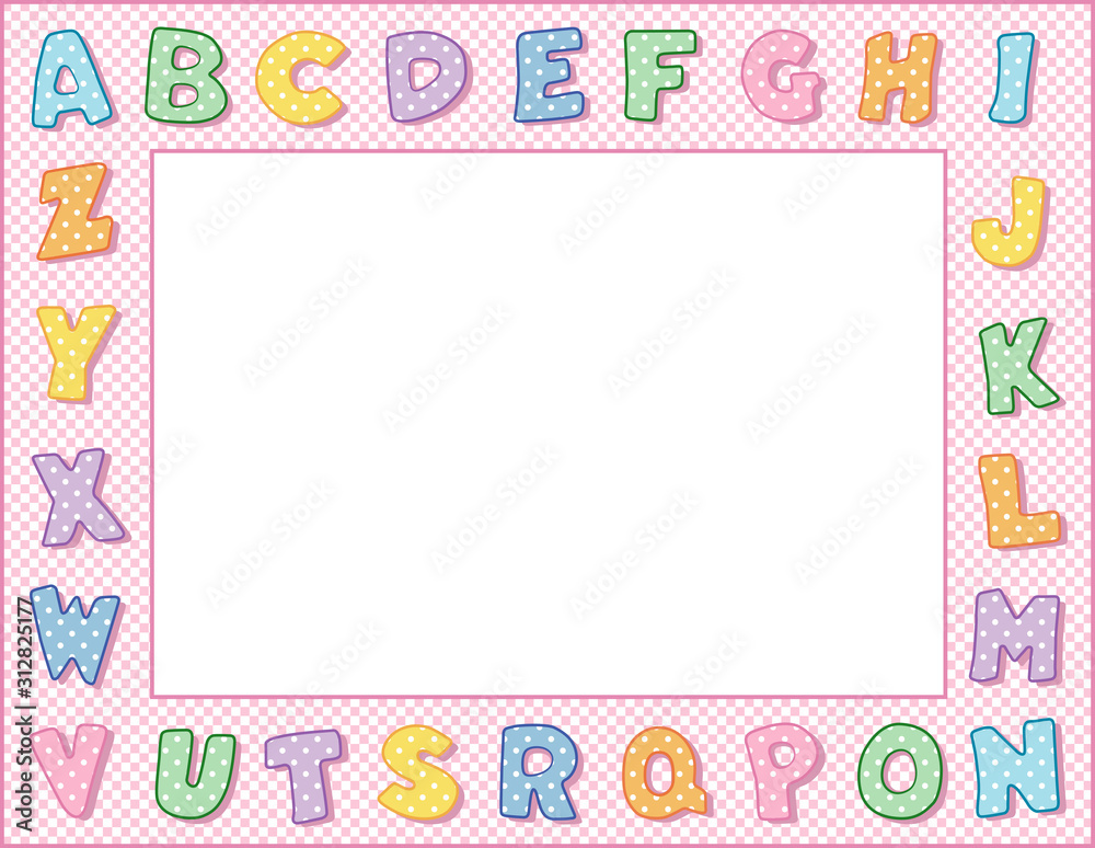 Alphabet Frame, Pink Gingham Check Border, pastel polka dot alphabet, space to customize with text and pictures for baby books, announcements, posters, daycare, nursery school, kindergarten. Alphabet Frame, Pink Gingham Check Border, pastel polka dot alphabet, space to customize with text and pictures for baby books, announcements, posters, daycare, nursery school, kindergarten.