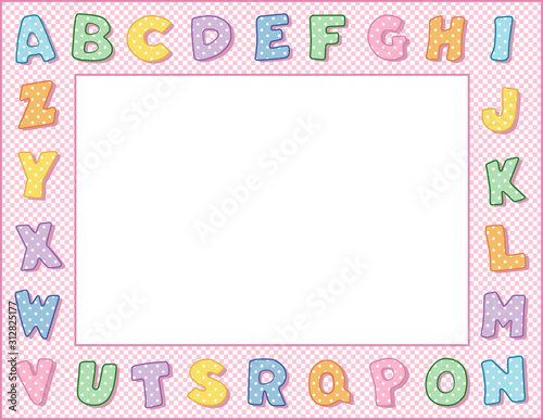 Alphabet Frame, Pink Gingham Check Border, pastel polka dot alphabet, space to customize with text and pictures for baby books, announcements, posters, daycare, nursery school, kindergarten. 