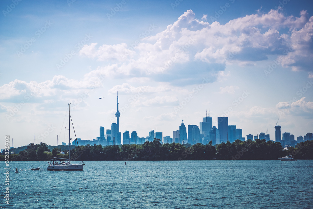 Toronto skyline with a beautiful blue sky with clouds, Toronto, Ontario, Canada