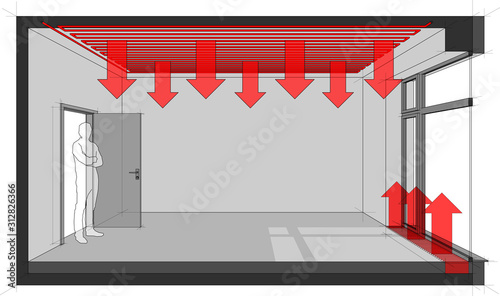 3d illustration of  empty room with door and tall french window and standing man in the opened door and ceiling heating and floor convector for heating in front of window