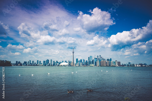 Photography Toronto skyline with a beautiful blue sky with clouds, Toronto, Ontario, Canada