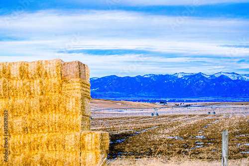 Hay Bales with Snowy Mountain Background photo