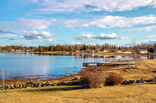 Buffalo Narrows landscape with Churchill lake and blue sky in Saskatchewan, Canada