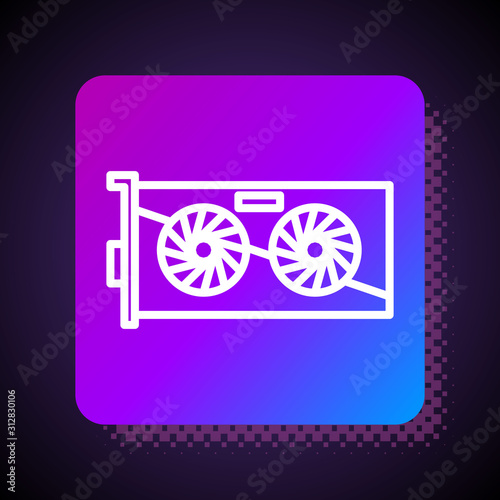 White line Video graphic card icon isolated on black background. Square color button. Vector Illustration