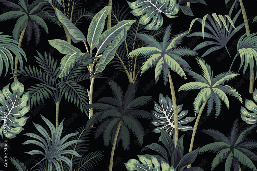 Fototapeta Tropikalna noc rocznika palmy, drzewa bananowego i liści palmowych kwiatowy wzór czarne tło. Tapeta egzotyczna ciemna dżungla.