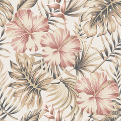 Wandcirkels Botanische print patronen Vintage hibiscus en palmbladeren ivoor  © good_mood
