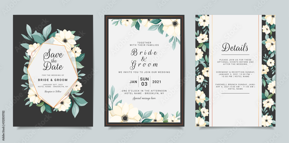 Set of card with anemone. Wedding invitation template set with geometric floral frame. White flowers and leaves botanic illustration for background, save the date, greeting, poster, cover vector