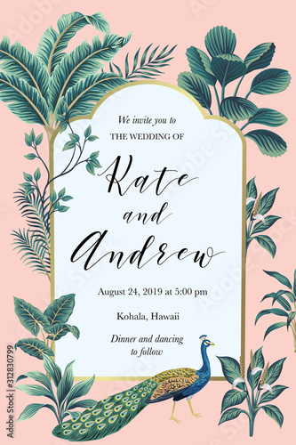 Tropical vintage palm tree, banana tree, exotic plant, peacock bird floral wedding invitation. Frame vector card.