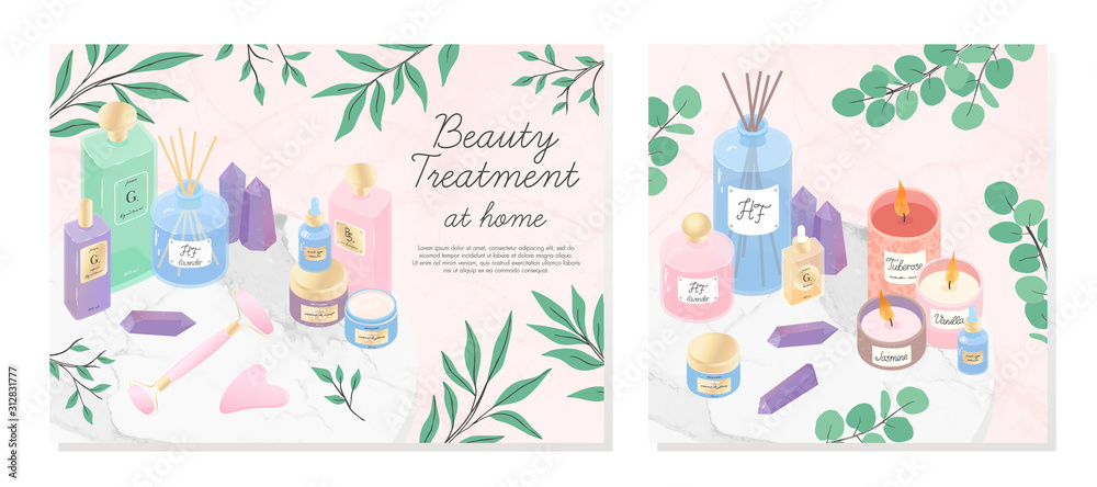 Vector set of skincare cosmetic products,creams, serum,oil,amethyst crystals,candles,diffuser,eucalyptus on a decorative marble tray.Skin care,aromatherapy,spa and wellness concept.Beauty treatment.