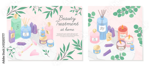 Vector set of skincare cosmetic products,creams, serum,oil,amethyst crystals,candles,diffuser,eucalyptus on a decorative marble tray.Skin care,aromatherapy,spa and wellness concept.Beauty treatment.