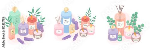 Aroma candles,deffuser,perfume,oil and eucalyptus vector bundle.Ayurveda,spa,wellness and beauty routine concept.Aromatherapy and ralax design elements.Home fragrances,cute hygge home decoration