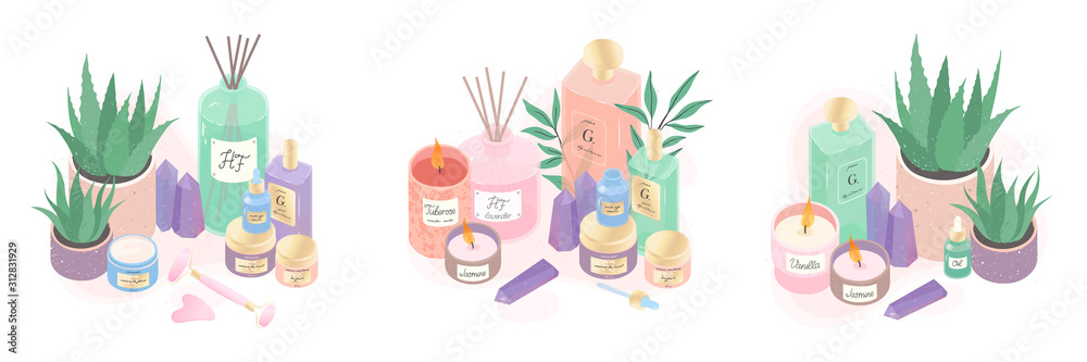 Serum,creams,candles,oil,crystals,diffuser and aloe vector illustration bundle.Beauty routine concept.Skin care treatment,wellness and ralax design elements.Home fragrances,cute hygge home decoration