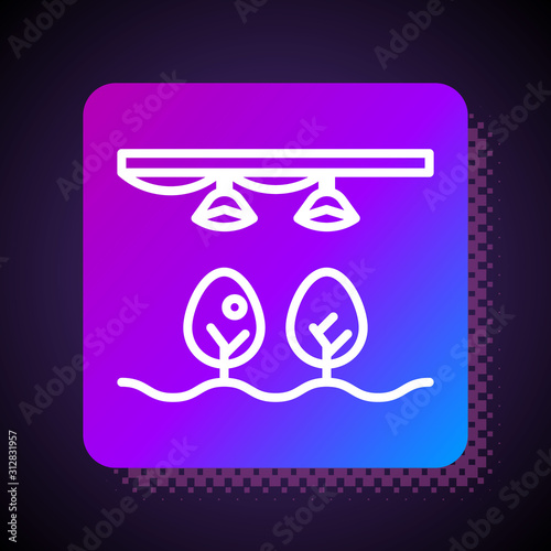 White line Smart farm with light bulb and plant symbol icon isolated on black background. Square color button. Vector Illustration