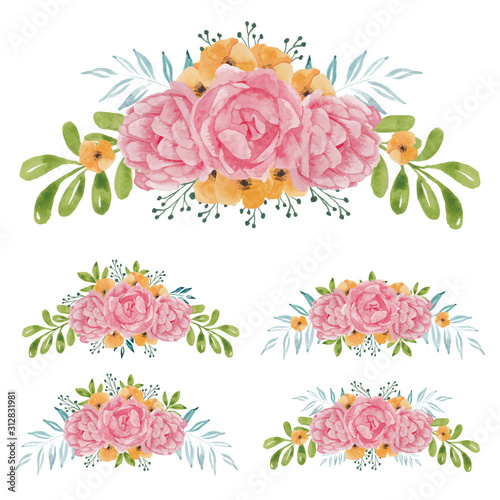 Watercolor hand painted rose flower bouquet set
