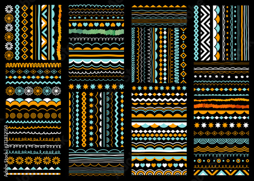 Patterns, borders, ornaments, decorative design elements collection. Seamless border set.