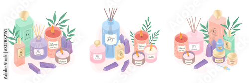 Serum,creams,candles,oil,crystals,diffuser and herbs vector illustration bundle.Beauty routine concept.Skin care treatment,wellness and ralax design elements.Home fragrances,cute hygge home decoration