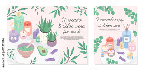 Vector bundle of skincare cosmetic products,serum,creams,oil,amethyst crystals,candles,diffuser,avocado and aloe facial mask.Skin care,aromatherapy,spa and wellness concept.Beauty treatment.