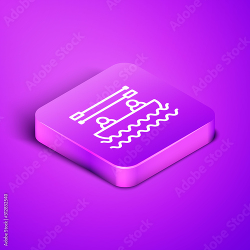 Isometric line Boat with oars and people icon isolated on purple background. Water sports, extreme sports, holiday, vacation, team building. Purple square button. Vector Illustration