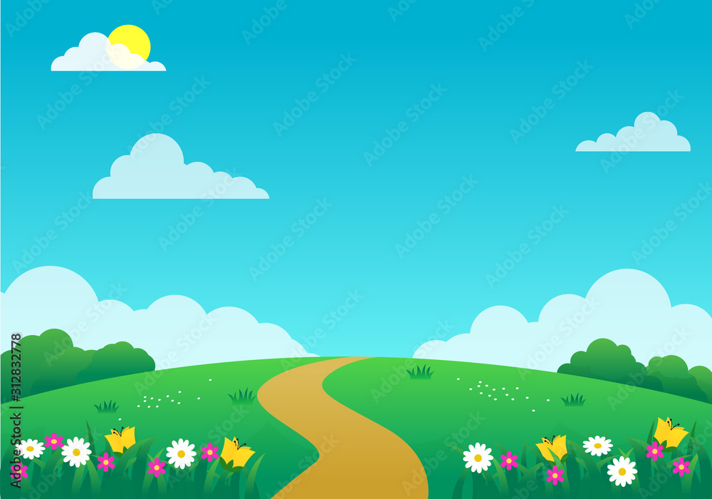 Beautiful nature landscape cartoon illustration with flowers, green grass  and blue sky suitable for kids background Stock Vector | Adobe Stock