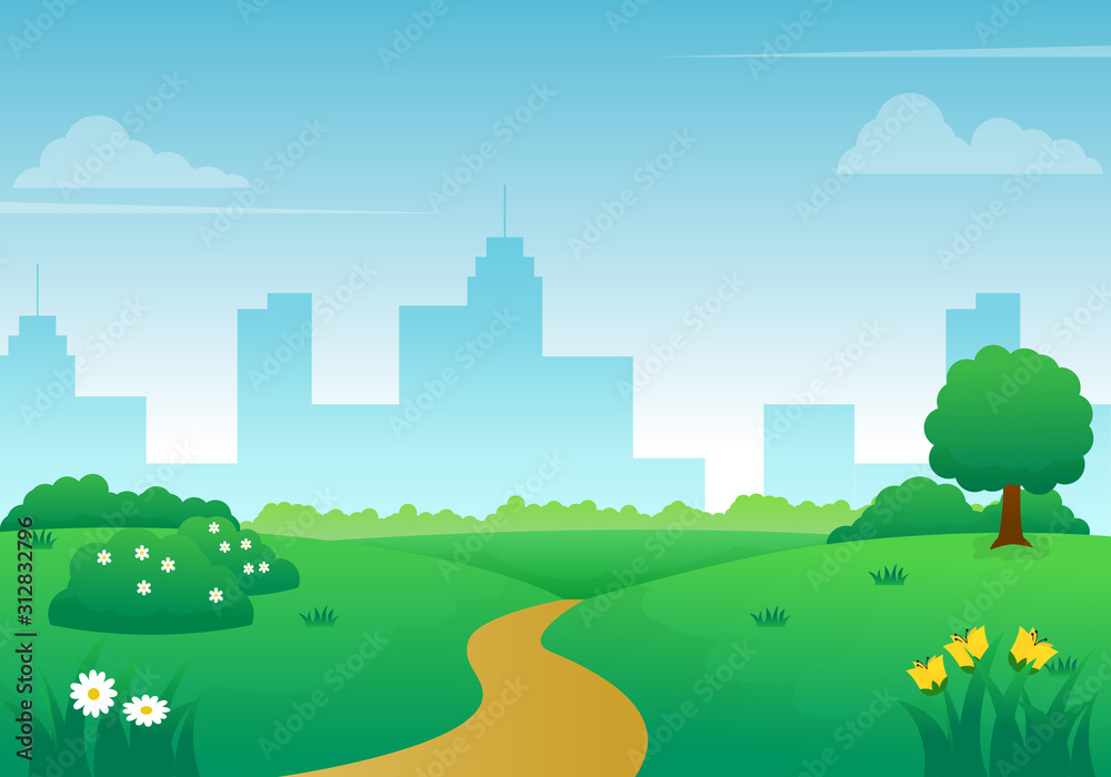 Beautiful city park vector illustration with flowers, green grass, tree and blue sky. Summer landscape background 